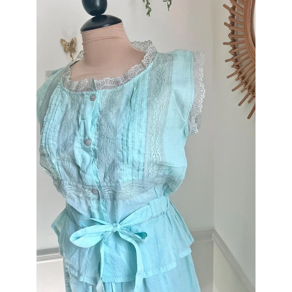 Vintage Chadia Victorian Two‎ Piece Blue Teal Lace Maxi Skirt and Blouse Set
